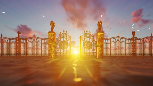 金色的天堂之门在神奇的夕阳下打开，白鸽在飞翔，4K_1视频素材