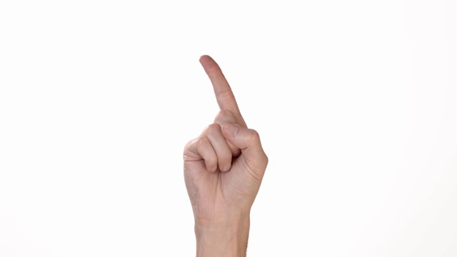 一个男人的手在白色的背景孤立显示一个手指否认。插入文本或背景的地方。白色背景下一个人的手的情绪。视频下载