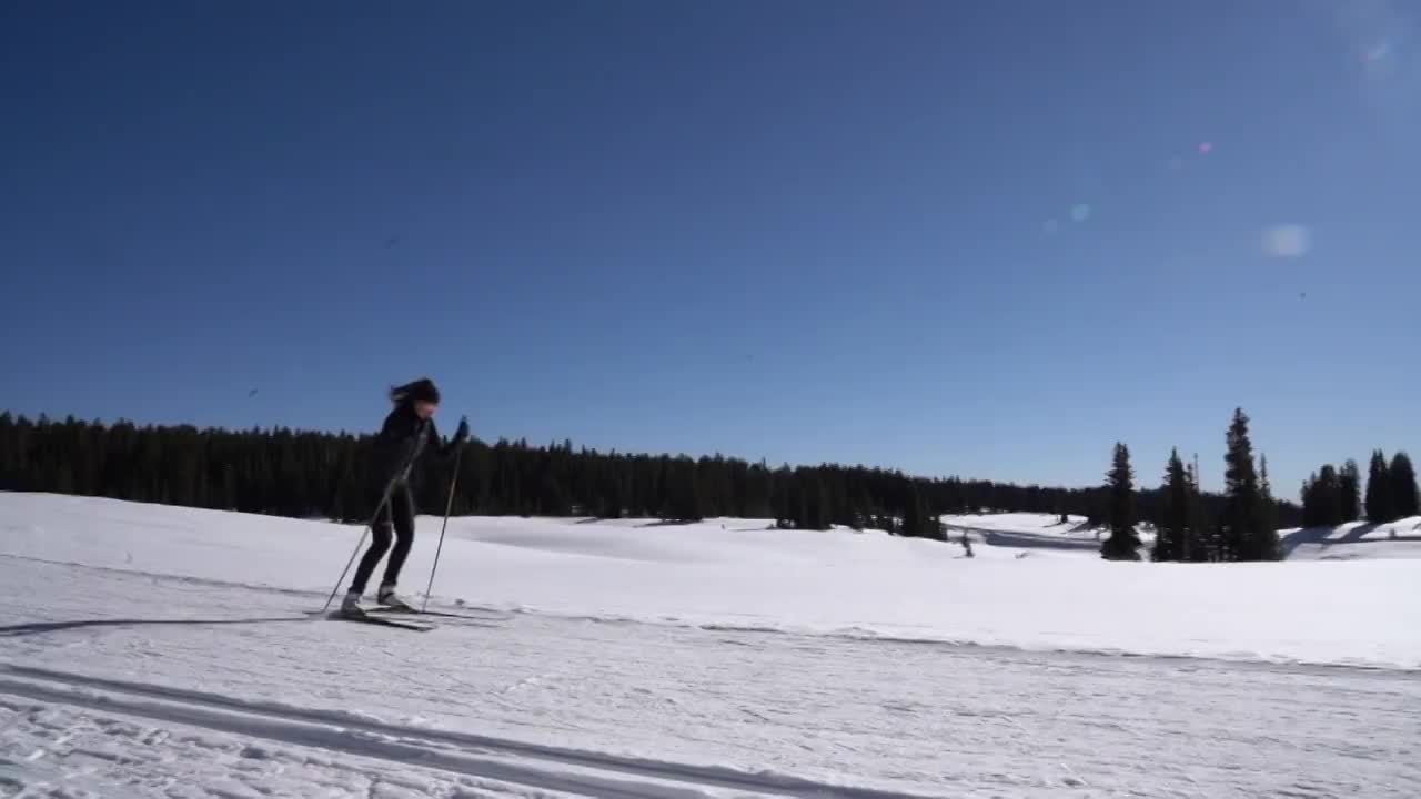 在经典的越野滑雪风格中四人一组的滑雪者视频素材