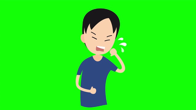 动画人物卡通是干咳的冠状病毒，新冠病毒或2019-nCov症状，大流行和病毒意识概念，在绿色屏幕上视频素材