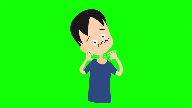 动画人物卡通是关于冠状病毒、Covid-19或2019-nCov症状、大流行和病毒意识概念的绿色屏幕视频素材
