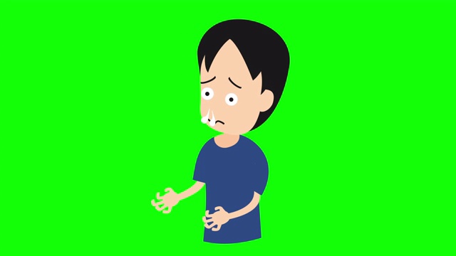 动画人物卡通是流鼻涕的冠状病毒，Covid-19或2019-nCov症状，大流行和病毒意识概念，在绿色屏幕上视频素材