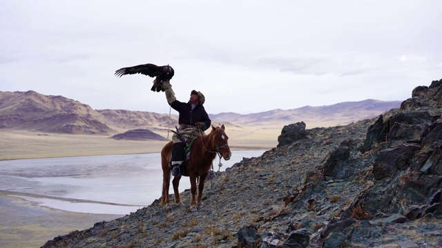 蒙古沙漠中骑着马的猎鹰者视频素材