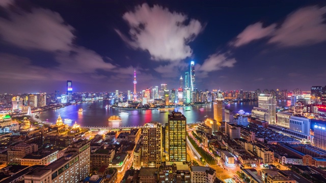 高空俯瞰上海都市都市景观及黄浦江夜景过渡视频素材