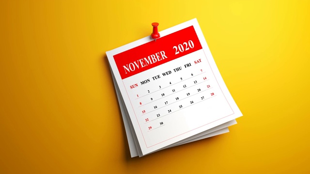 循环11月页日历2020年在黄色背景视频下载