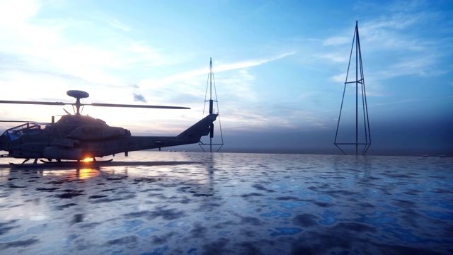 清晨，在无尽的蓝色海洋中，军用直升机准备从航空母舰上起飞。视频素材
