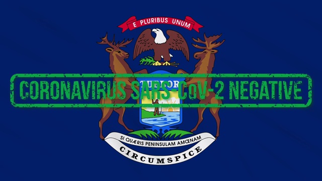 美国密歇根州摇摆的旗帜上印着免受冠状病毒感染的绿色印章，循环视频素材