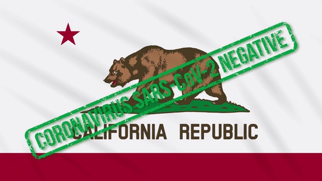 美国加利福尼亚州摇摆的旗帜上印着免受冠状病毒感染的绿色印章，循环视频下载