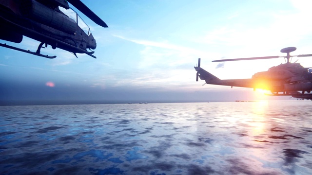军用直升机清晨从航空母舰上起飞。视频素材