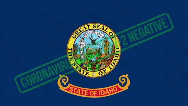 美国爱达荷州摇摆的旗帜上印有绿色标志，代表着从冠状病毒中解放出来视频下载