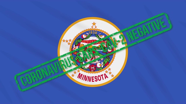 美国明尼苏达州摇摆的旗帜上印着绿色的免冠状病毒印章，循环视频素材