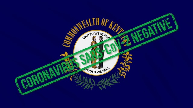 美国肯塔基州摇摆的旗帜上印有免受冠状病毒感染的绿色印章，循环视频素材