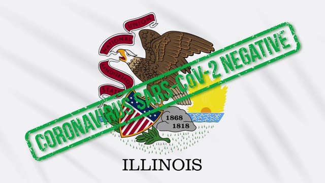 美国伊利诺斯州摇摆的旗帜上印有免受冠状病毒感染的绿色印章，循环视频素材