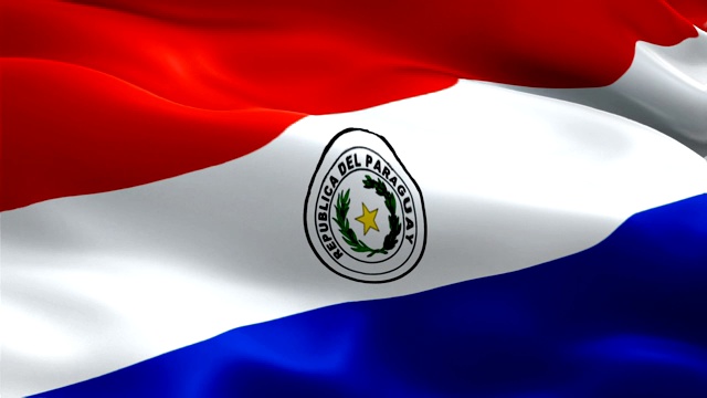 巴拉圭国旗特写1080p全高清1920X1080镜头视频在风中飘扬。全国亚松森‎‎‎3d巴拉圭国旗飘扬。巴拉圭标志无缝循环动画。巴拉圭旗帜高清分辨率背景1080p视频素材