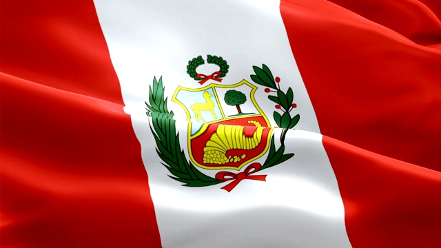 秘鲁国旗运动循环视频在风中飘扬。现实的秘鲁国旗背景。秘鲁旗帜循环特写1080p全高清1920X1080镜头。秘鲁南美国家旗帜的镜头视频的电影，新闻视频下载