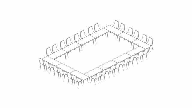 会议室设置布局配置空心广场风格，3D虚拟等距概念设计插图在白色背景动画4K，复制空间与哑光阿尔法通道视频下载
