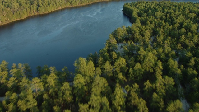 蝙蝠河流经新泽西州松林国家保护区的鸟瞰图，靠近蝙蝠，新泽西州，美国。视频素材