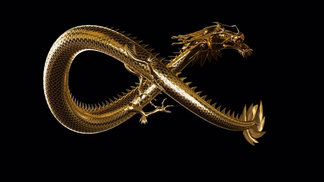 黄金东亚龙象征财富和智慧的力量。动画传统东方龙动态。中国文化中栩栩如生的3D幻想动物。闪光金龙飞行循环风格4K视频下载