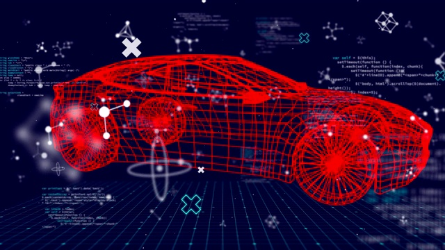 在暗色背景下进行数据处理的3D汽车技术图纸视频素材
