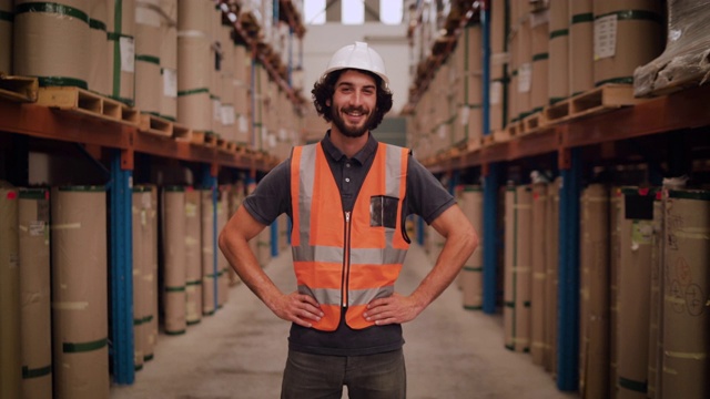 一名年轻工人双手搂着腰，面带微笑地站在一个堆满制成品的大仓库里视频下载