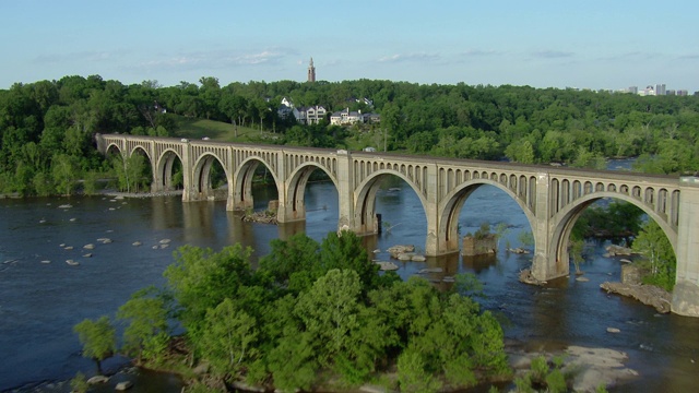美国弗吉尼亚州里士满詹姆斯河上ACL铁路桥的鸟瞰图。视频素材