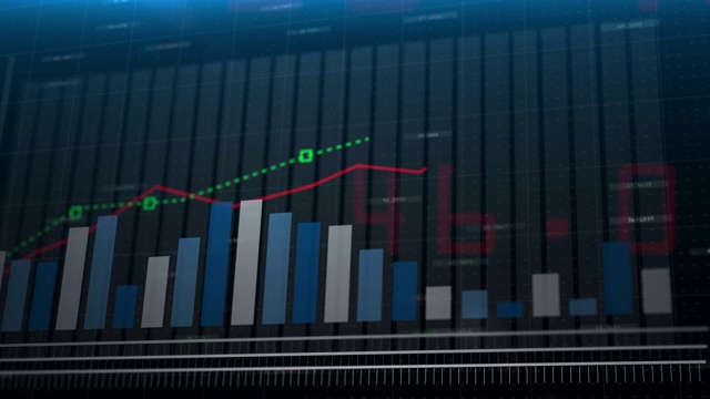 3D动画股票市场信息上升蓝色柱状图跟随箭头。财务数字和图表增长的数字背景。金融市场——没有人视频素材