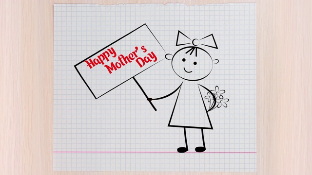 一只手画了一个孩子，上面写着“母亲节快乐”。定格运动和2D动画。4 k视频下载