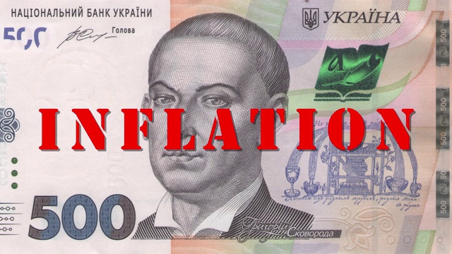 格里高利·斯科沃罗达的肖像来自500格里夫尼亚的乌克兰纸币，红色的签名是“通货膨胀”。故障发生时，肖像的脸皱了起来。世界金融和经济危机概念。视频下载