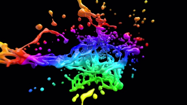 慢动作近距离彩色颜料液体爆炸在黑色背景。包括阿尔法通道。3 d animation.4K视频素材