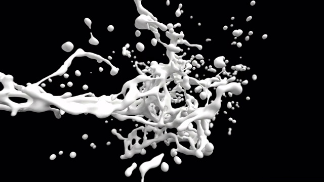 慢镜头:黑色背景上的白色牛奶爆炸。包括阿尔法通道。3 d animation.4K视频下载