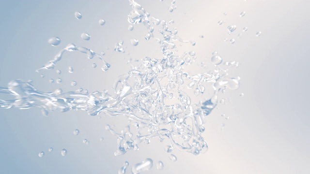 特写慢镜头水液体爆炸在蓝色背景。选择聚焦。3 d animation.4K视频素材