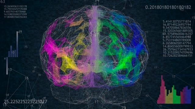 旋转360低多边形的大脑3D模型在蓝色背景与动画数字和图表。4 k的动画视频素材