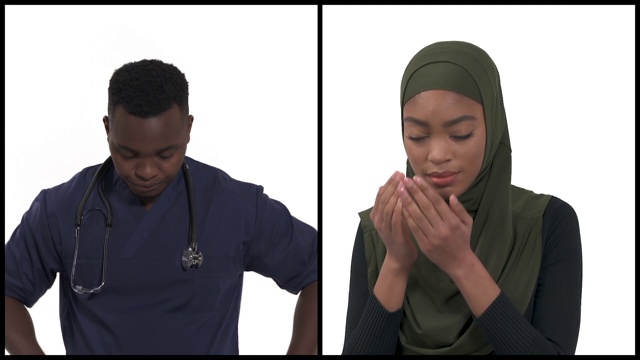 非洲青年男女表达悔恨情绪的拼贴画。模特用手掌遮住脸。孤立，在白色背景上。人类的情感，肢体语言，生活感知视频素材