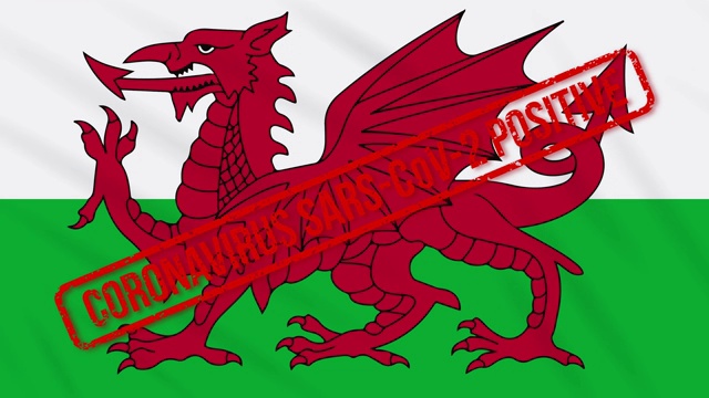 威尔士摇摆着印有积极应对COVID-19的旗帜，循环视频下载