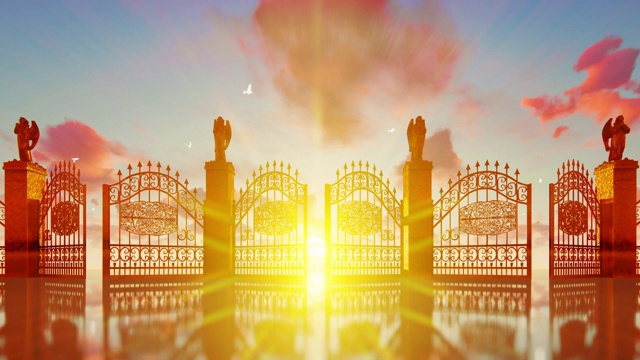 金色的天堂之门在神奇的夕阳下打开，白鸽在飞翔视频素材