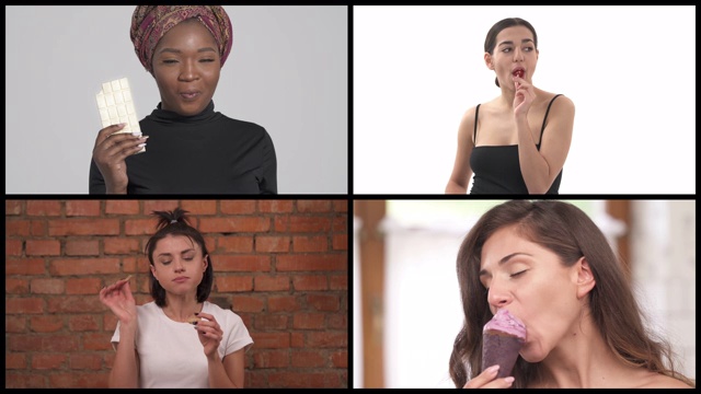 四个迷人的多种族女人在吃糖果。拼贴画视频素材