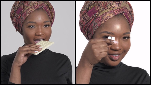 垂直拼贴的年轻非洲妇女穿着传统的头巾吃甜的白巧克力和新鲜的薄荷口香糖视频素材