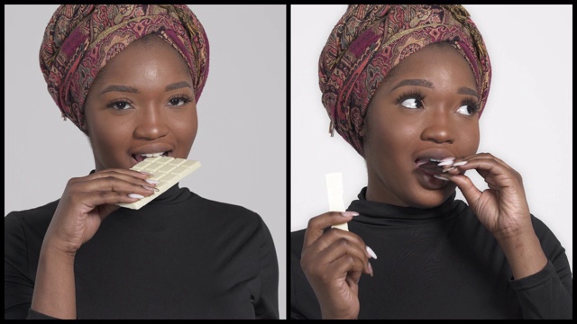迷人的非洲妇女戴着头巾吃巧克力的垂直拼贴画视频素材