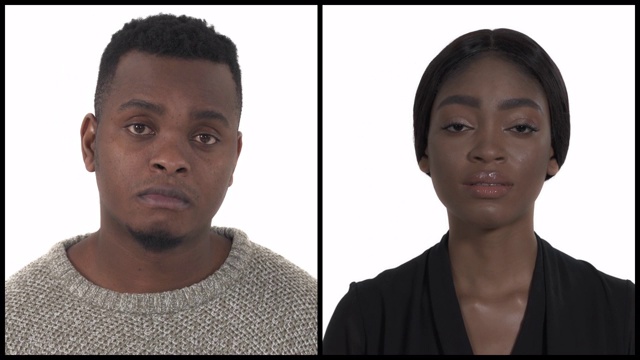 两个非裔美国人用手掌捂着脸表达悲伤的垂直拼贴画。孤立，在白色背景上。手势，肢体语言概念视频素材