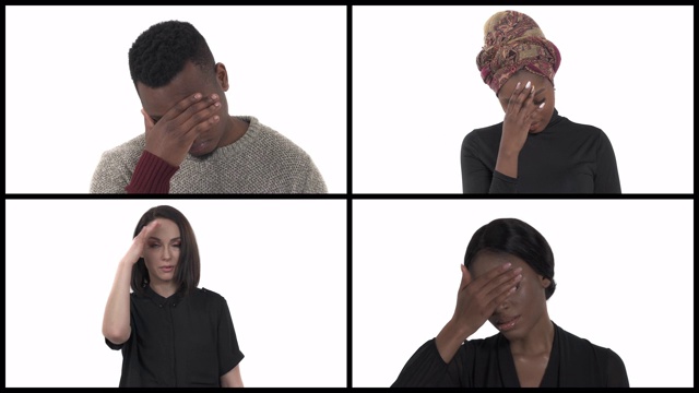 四个多种族的千禧一代表达遗憾情绪的拼贴画。模特用手触摸额头。人类的情感，肢体语言，悲伤和悲伤。垂直拼贴视频素材
