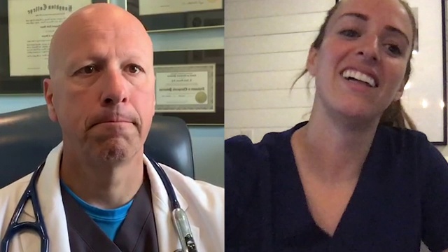 女护士与男医生视频会议。视频素材