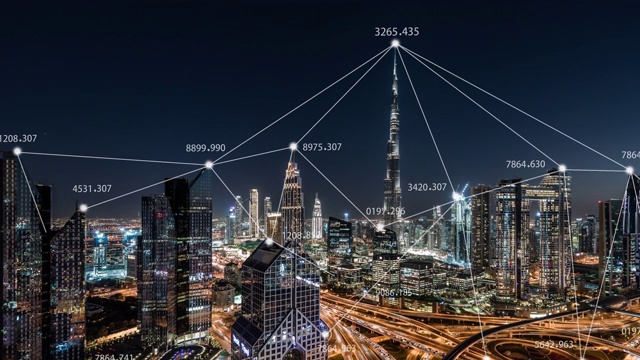 T/L 5G网络概念，从白天到夜晚/阿联酋迪拜视频素材