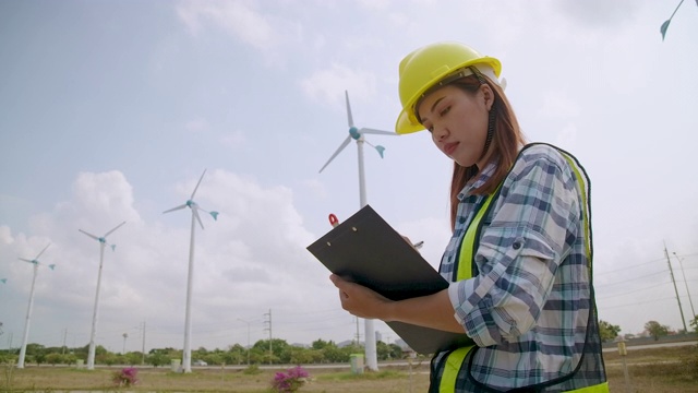 风力发电场的女工程师视频素材
