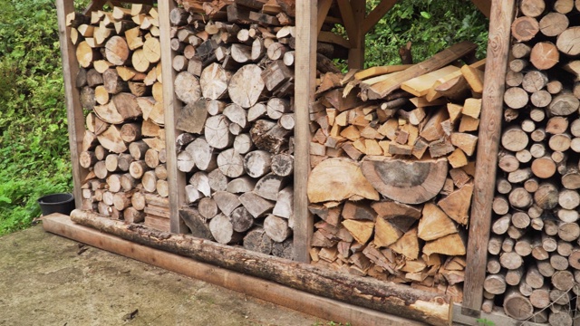 奥地利哈尔斯塔特，冬季在壁炉附近堆放木柴的木stocker。视频下载
