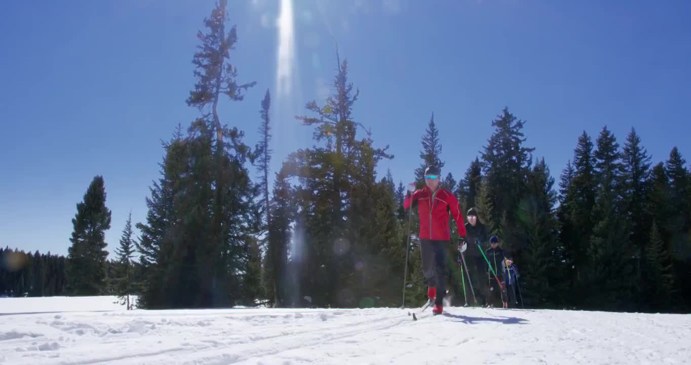 一组四个成年人越野滑雪在一条线在一个阳光明媚，冬日在科罗拉多的慢动作镜头视频素材