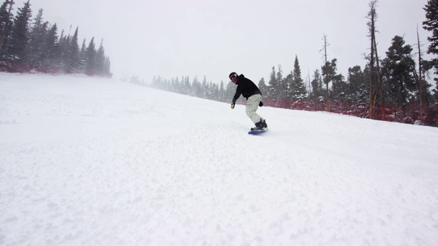 慢动作拍摄的滑雪板穿着完整的冬季装备停止在滑雪跑喷雪(“Slash Spray”)在摄像机包围的森林附近的埃尔多拉滑雪度假村博尔德，科罗拉多州在一个下雪，阴天，雪喷雾周围视频素材