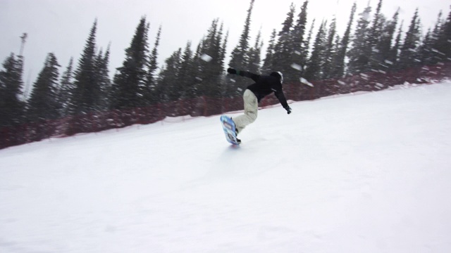 慢动作拍摄的滑雪板穿着完整的冬季装备滑雪板下的滑雪跑道周围的埃尔朵拉滑雪度假村附近的博尔德，科罗拉多州在一个下雪，阴天，雪花遍布视频素材