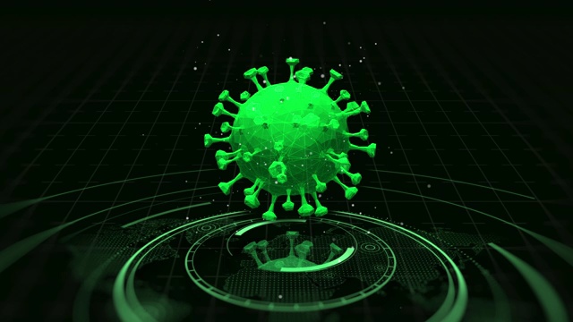 4K冠状病毒动画和未来医疗用户界面与HUD和信息图表元素。虚拟技术背景视频素材
