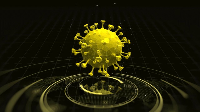 4K冠状病毒动画和未来医疗用户界面与HUD和信息图表元素。虚拟技术背景视频素材