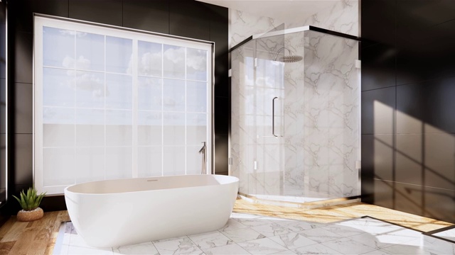 禅意设计浴室瓷砖，墙壁和地板-日本风格。三维渲染视频下载